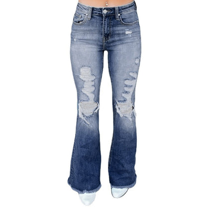 Vendas diretas de fábrica de jeans femininos europeus e americanos, calças emagrecidoras de cintura alta 2025 novas e confortáveis de ganga elástica rasgada e alargada