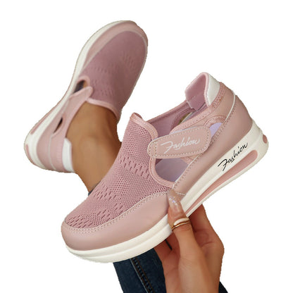 Sapatos casuais casuais plus size transfronteiriços europeus e americanos para mulheres na primavera/verão, novos sapatos casuais de malha com velcro respirável e planos independentes em pé