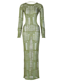 Vestido de verão mais vendido na Europa e nos EUA, novo, sexy, sem costas, oco, transparente, manga comprida, slim-fit, elegante e comprido de lã para mulheres