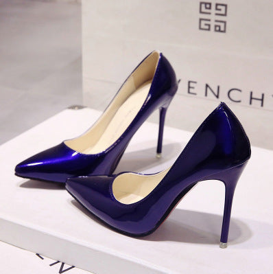 Saltos altos altos European Station Nude Stilet, sapatilhas de trabalho pretas com bico pontiagudo, sapatos plus size azuis em verniz feminino, sapatos vermelhos de casamento