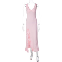 Vestido moderno de verão europeu e americano, vestido feminino de cor sólida em V profundo, ajustado e ajustado à anca, com folhos e fendas sexy