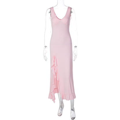 Vestido moderno de verão europeu e americano, vestido feminino de cor sólida em V profundo, ajustado e ajustado à anca, com folhos e fendas sexy