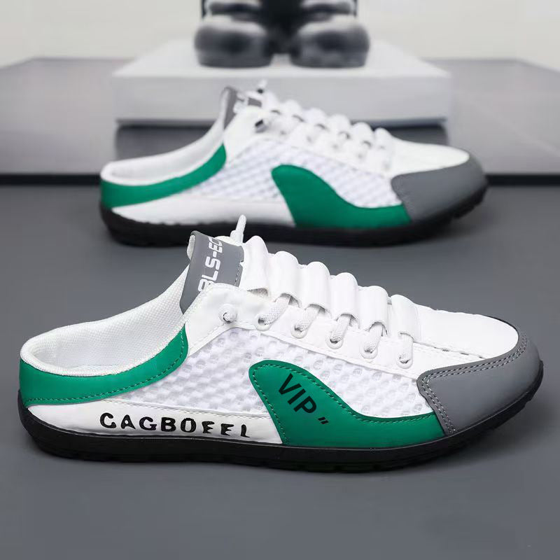 Chinelos semi-dedos fechados para homens, sandálias de rede de salto respiráveis para o verão, roupa exterior masculina, sandálias casuais de praia antiderrapantes para condução