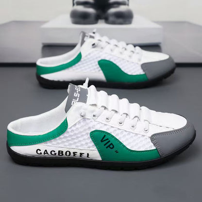 Chinelos semi-dedos fechados para homens, sandálias de rede de salto respiráveis para o verão, roupa exterior masculina, sandálias casuais de praia antiderrapantes para condução