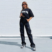 Vendas diretas de fábrica, moda europeia e americana: jeans ultra-A que emagrecem e estilosos para mulheres, calças de trabalho largas de rua de cintura alta e de cintura alta estão na moda