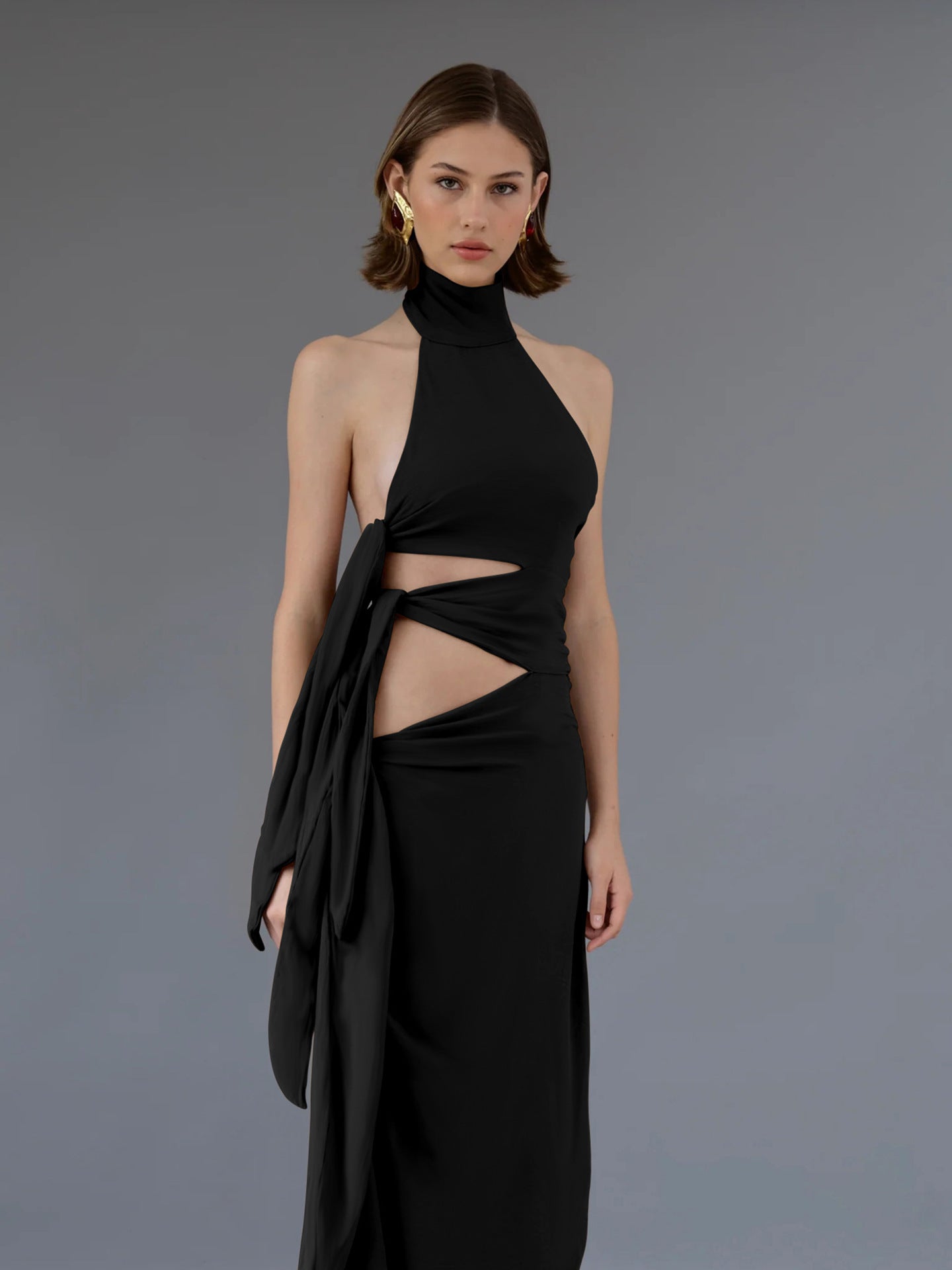 Vestido atravessado Amazon, ao estilo europeu e americano, novo, sexy, de retalhos sem costas sem costas, com abertura longa, vestido halter para mulheres