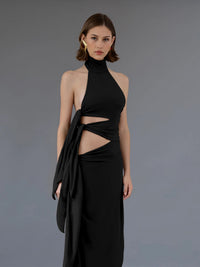 Vestido atravessado Amazon, ao estilo europeu e americano, novo, sexy, de retalhos sem costas sem costas, com abertura longa, vestido halter para mulheres