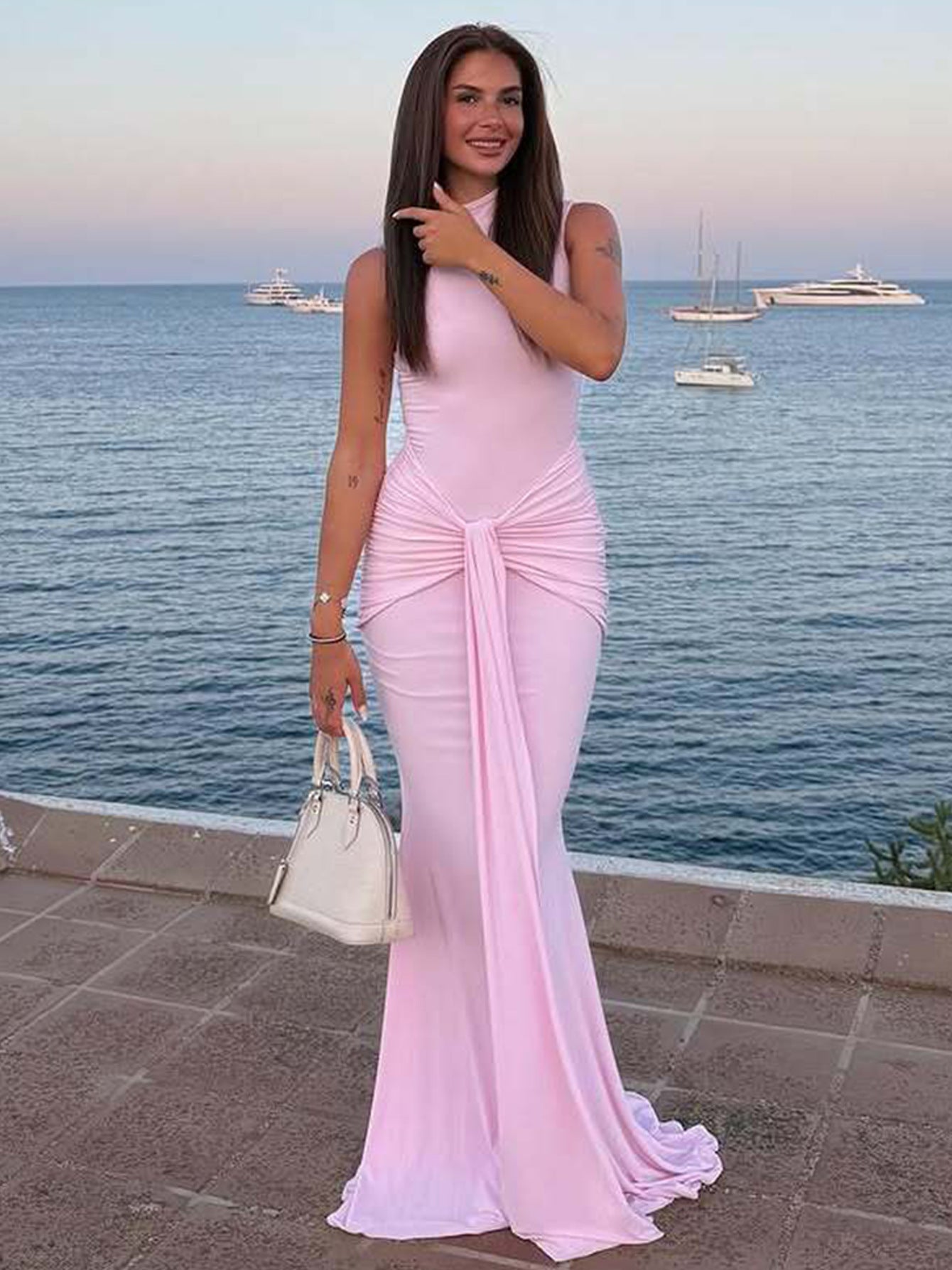 Vestido feminino feminino de cor sólida, de cor sólida, sem mangas, justo, na moda, fita longa e sexy