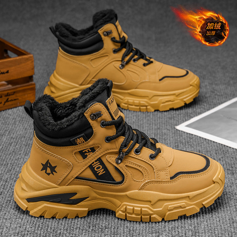Botas Martin 2025 sapatos de inverno masculinos novos, forrado a fleece espesso, roupa de trabalho alta, botas amarelas grandes, botas de frio masculino