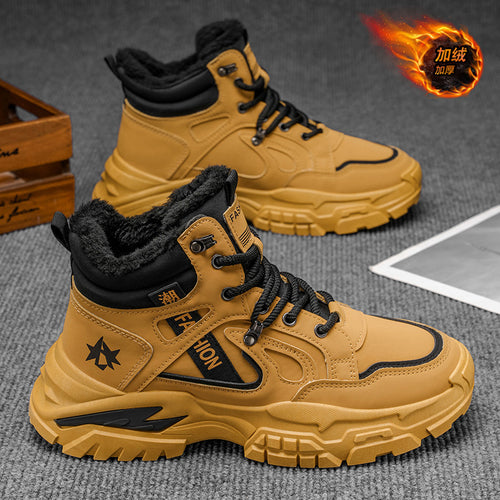 Botas Martin 2025 sapatos de inverno masculinos novos, forrado a fleece espesso, roupa de trabalho alta, botas amarelas grandes, botas de frio masculino
