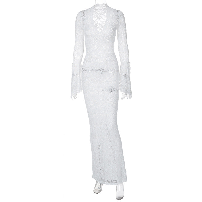 Amazon venda quente novo sexy profundo V renda padrão see-through slim manga longa estilo rua maxi vestido mulheres