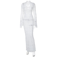 Amazon venda quente novo sexy profundo V renda padrão see-through slim manga longa estilo rua maxi vestido mulheres