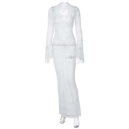 Amazon venda quente novo sexy profundo V renda padrão see-through slim manga longa estilo rua maxi vestido mulheres