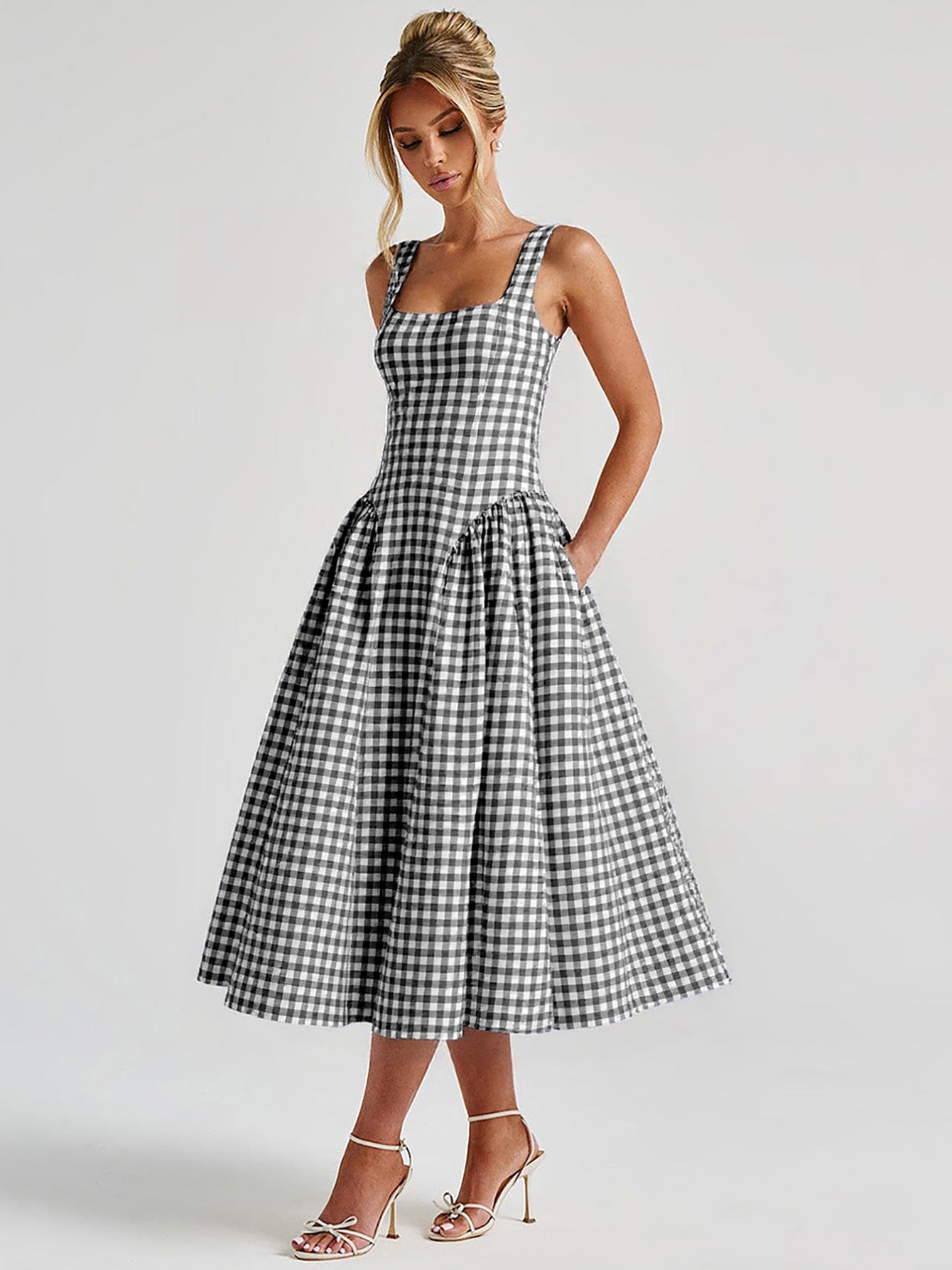 Vestido de princesa francês fresco, europeu e americano à moda que aperta a cintura, vestido slip sem costas sexy para mulheres