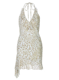 2026 Summer Hot Girl European and American Fashion Leopard Sexy Deep V, Vestido Orelha Ajustada com Folhos e Decote Halter, para Mulheres