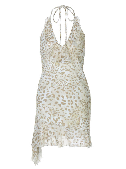 2026 Summer Hot Girl European and American Fashion Leopard Sexy Deep V, Vestido Orelha Ajustada com Folhos e Decote Halter, para Mulheres