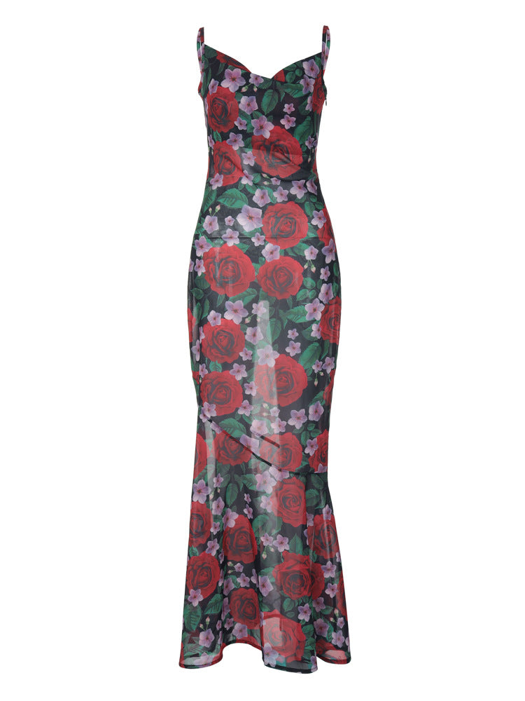 2026 Verão INS Style Fashion Novo vestido sexy de decote em V, elegante, versátil, slim, longo, com alças longas estampadas para mulheres