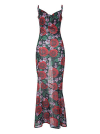 2026 Verão INS Style Fashion Novo vestido sexy de decote em V, elegante, versátil, slim, longo, com alças longas estampadas para mulheres