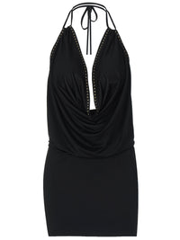 Verão 2026 Novo Vestido Sexy em V Profundo Rebitado, Estilo de Rua, com Cintura Nua, Estilo Halter com Envolvimento nas Ancas para Mulheres