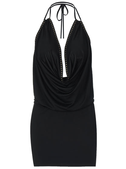Verão 2026 Novo Vestido Sexy em V Profundo Rebitado, Estilo de Rua, com Cintura Nua, Estilo Halter com Envolvimento nas Ancas para Mulheres