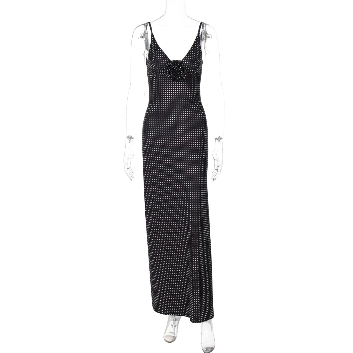 Vestido de moda nova com padrão de bolinhas e decote em V, vestido floral de fenda longa com padrão de bolinhas da Amazon, de vendas transfronteiriças, para mulheres