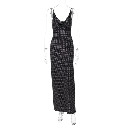 Vestido de moda nova com padrão de bolinhas e decote em V, vestido floral de fenda longa com padrão de bolinhas da Amazon, de vendas transfronteiriças, para mulheres