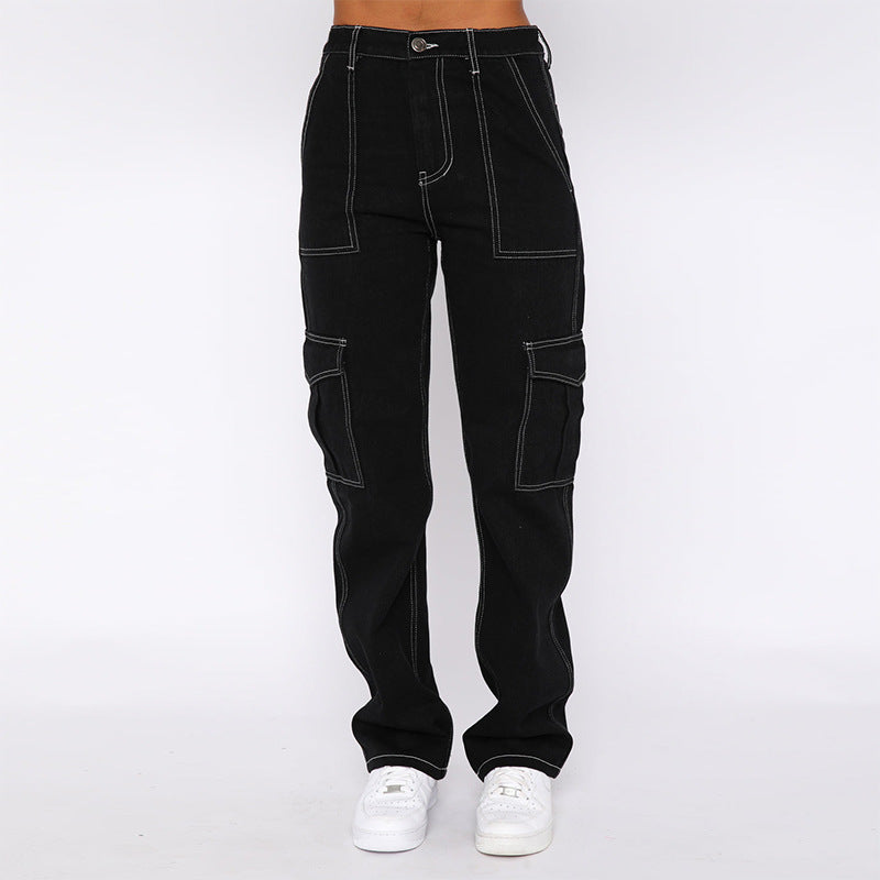 Vendas diretas de fábrica, moda europeia e americana: jeans ultra-A que emagrecem e estilosos para mulheres, calças de trabalho largas de rua de cintura alta e de cintura alta estão na moda