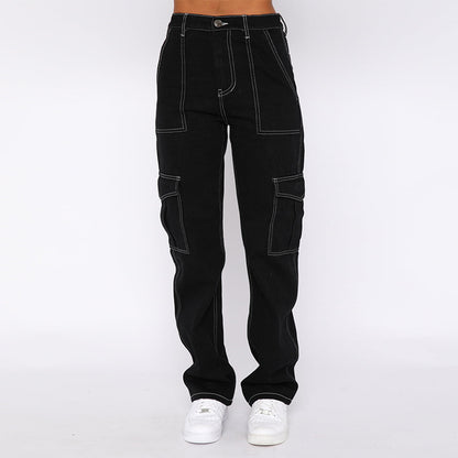 Vendas diretas de fábrica, moda europeia e americana: jeans ultra-A que emagrecem e estilosos para mulheres, calças de trabalho largas de rua de cintura alta e de cintura alta estão na moda