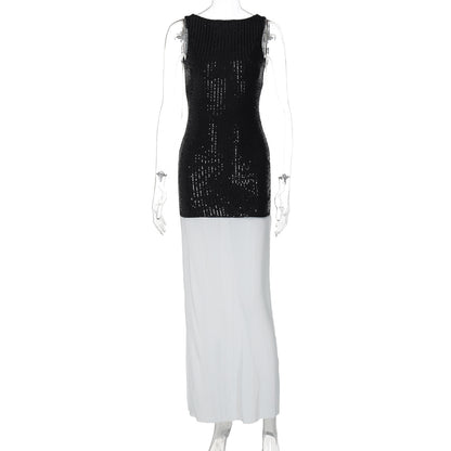 Vestido feminino feminino europeu e americano de verão 2026, sexy sem mangas sem mangas em patchwork, em estilo rua longo, plissado