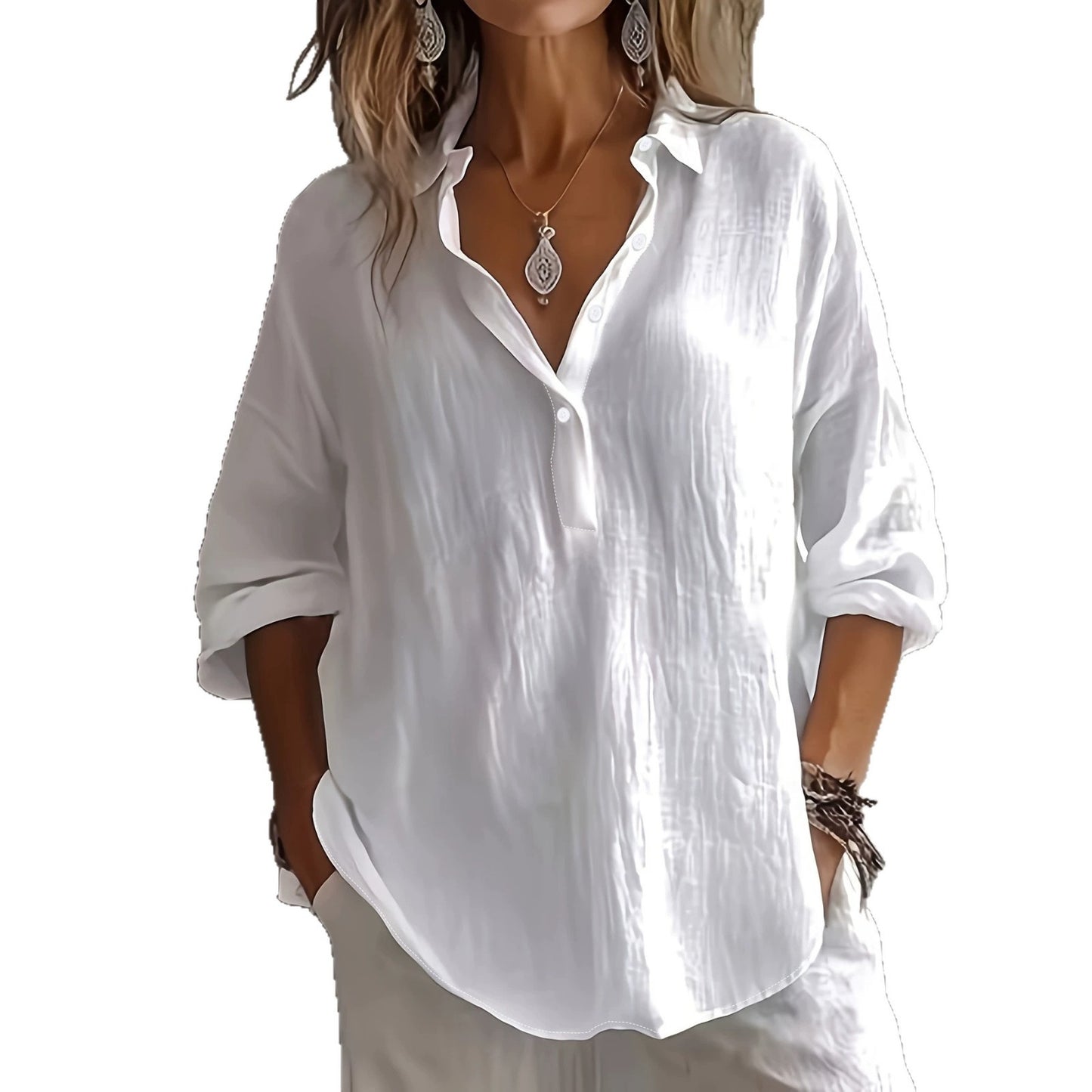 Camisa feminina elegante, europeia e americana, com textura de lapela transfronteiriça, com corte largo para esconder a pele e amagar o corpo, perfeita para as deslocações diárias