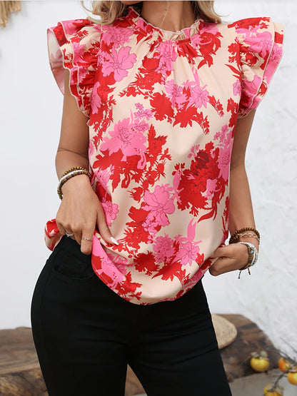 Comércio estrangeiro transfronteiriço 2025 camisa feminina de manga borboleta, nova blusa floral, estilo tropical floral casual