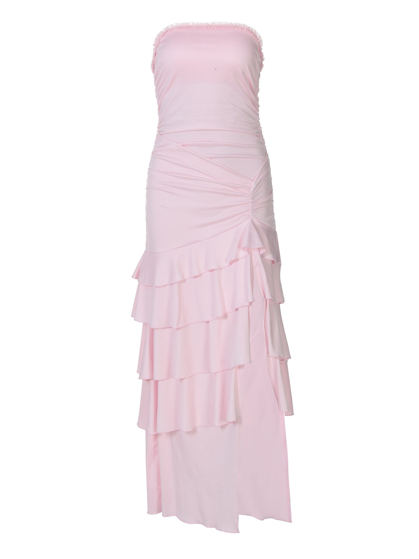 Vestido de bolo em camadas da moda bestseller transfronteiriço da Amazon, elegante vestido elegante, sem alças e fendas compridas, que aperta a cintura