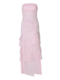 Vestido de bolo em camadas da moda bestseller transfronteiriço da Amazon, elegante vestido elegante, sem alças e fendas compridas, que aperta a cintura