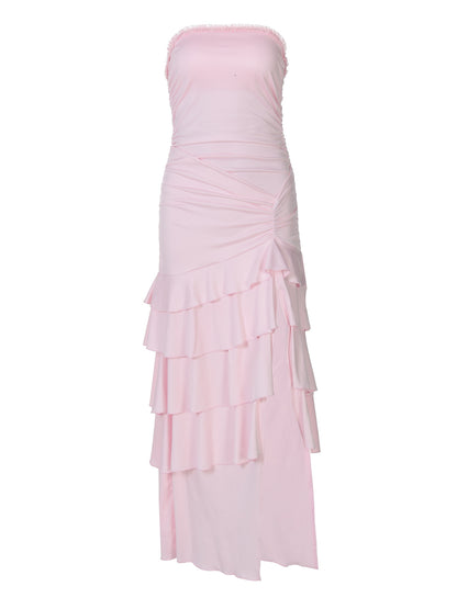 Vestido de bolo em camadas da moda bestseller transfronteiriço da Amazon, elegante vestido elegante, sem alças e fendas compridas, que aperta a cintura