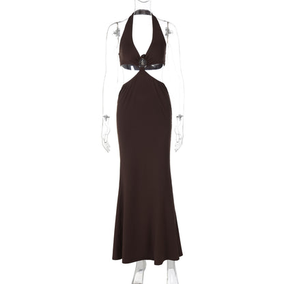 Vestido redondo redondo, slim, de topo longo com adornos de verão da Amazon Cross-fronte de verão novo e sexy retallado com peito oco