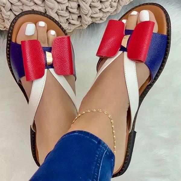 Primavera/Verão 2025 Novas Sandálias de Mulher com laço de bloco de cor plano, sapatos femininos de exportação plus size, estilo europeu e americano