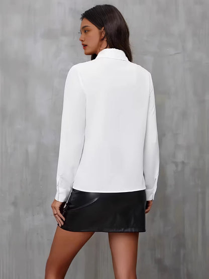 Camisa feminina transfronteiriça europeia e americana branca de manga comprida com folhos, cardigan largo de lapela com botões, perfeita para o trabalho diário