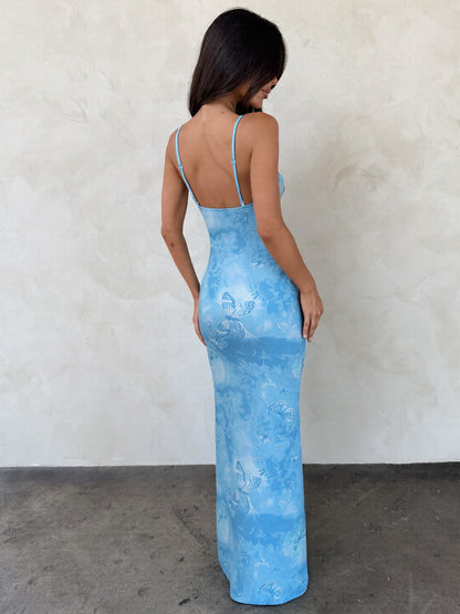 Vestidos populares para mulheres, com estampado oco, decote em V torcido, sem mangas e alças finas, com estampado oco e decote em V