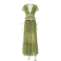 T-shirt elegante de galã de chiffon de renda, estilo francês e americano, vestido comprido largo largo até gravata