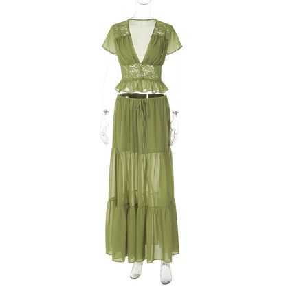 T-shirt elegante de galã de chiffon de renda, estilo francês e americano, vestido comprido largo largo até gravata