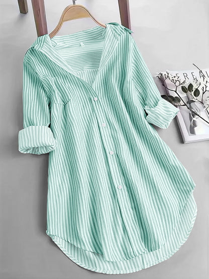 Nova exportação da Amazon, roupa feminina europeia e americana, camisa clássica às riscas, camisa casual larga de manga comprida com riscas