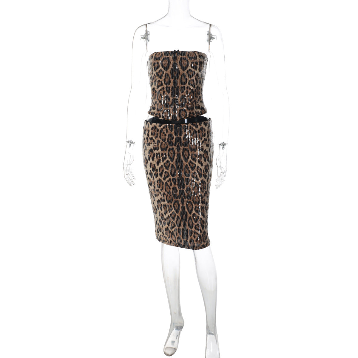Conjunto de bestsellers transfronteiriços da Amazon, gravata de retalhos com padrão de leopardo da moda, corte sem alças e sem alças, saia de lantejoulas ajustada ao quadril de comprimento médio para mulheres