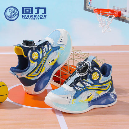 Ténis infantis de basquetebol de basquetebol Warrior color-block, puxador respirável, fácil de colocar e tirar, sapatos infantis, ténis escolares unissexo de sola grossa