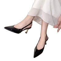 Salto alto de verão 2025, salto de gato com biqueira fechada, elegante roupa exterior de bico pontiagudo com meio slip, sapatilhas de salto agulha e damasco, sandálias francesas bonitas