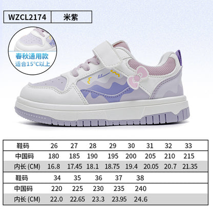 Sapatos infantis Warrior color-block, sapatos infantis com graffiti color-block, novos sapatos na moda e versáteis de sola grossa na primavera, ténis desportivos femininos com superfície de couro e respiráveis