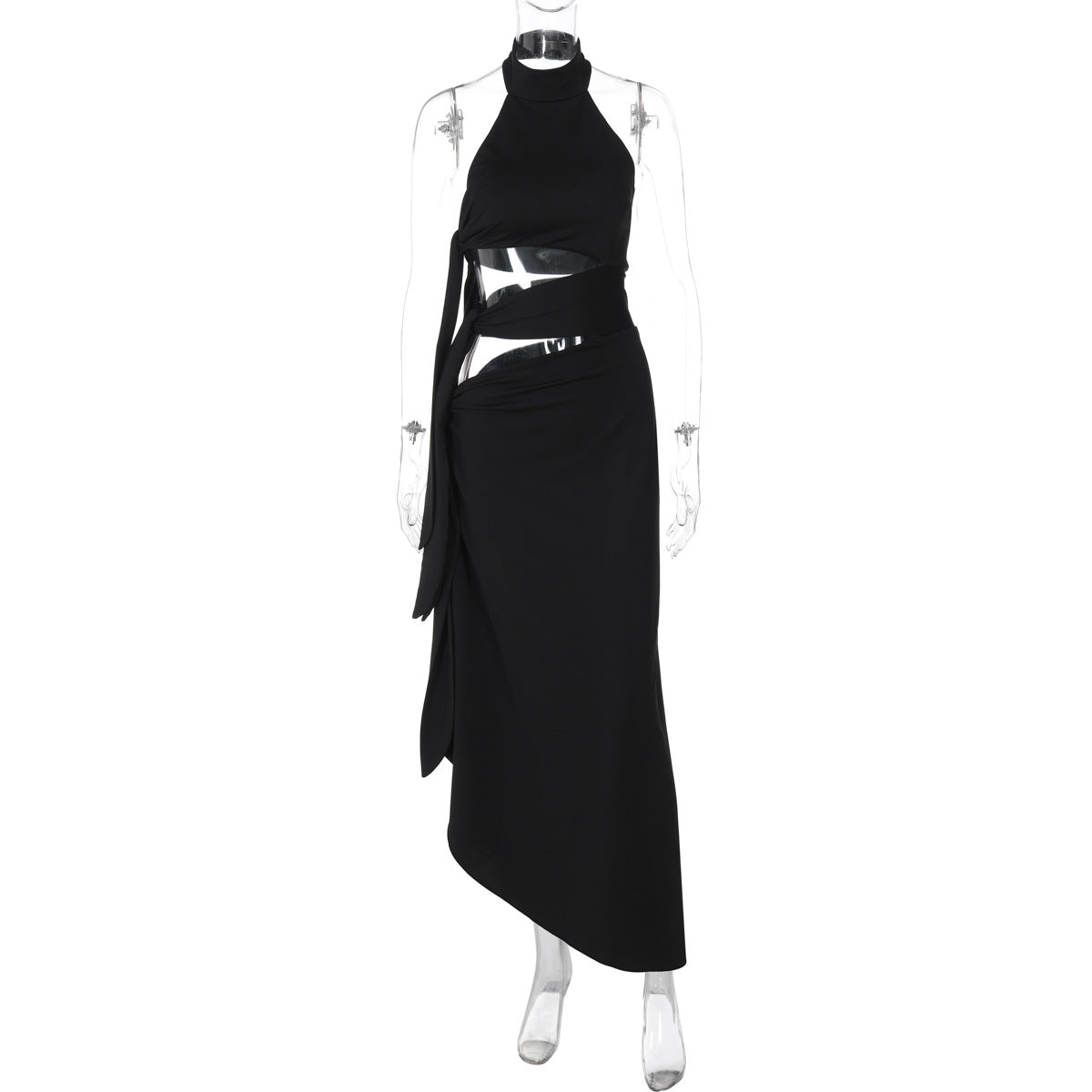 Vestido atravessado Amazon, ao estilo europeu e americano, novo, sexy, de retalhos sem costas sem costas, com abertura longa, vestido halter para mulheres