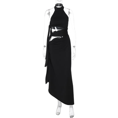 Vestido atravessado Amazon, ao estilo europeu e americano, novo, sexy, de retalhos sem costas sem costas, com abertura longa, vestido halter para mulheres