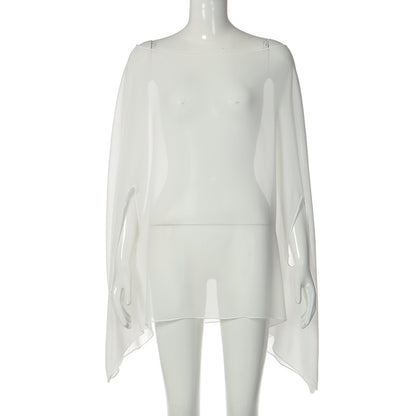 Novo top de estilo urbano transfronteiriço europeu e americano, camisola translúcida e versátil sexy para mulheres, capa de chiffon plus size