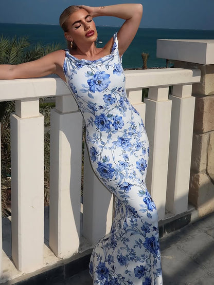 Vestido longo longo estampado com estampas florais femininas transfronteiriças da Amazon, com estampado de um ombro torcido, para exportação por grosso