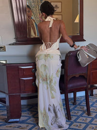 Conjunto de vestido comprido na moda feminino europeu e americano com gola cruzada, sutiã sem costas, corte justo, vestido comprido com estampado em rede e fenda